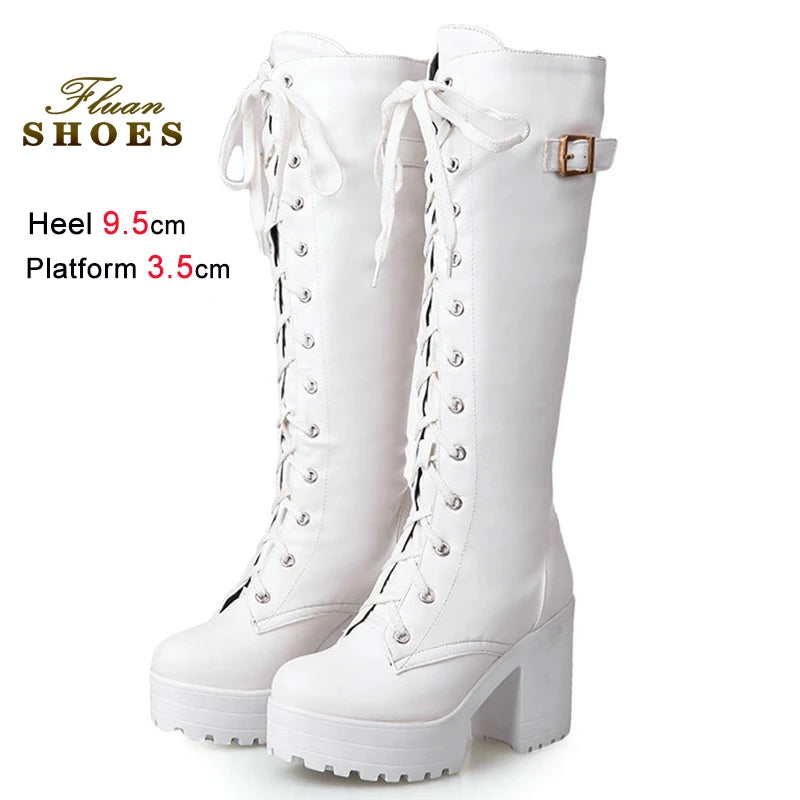 2025 Sexy White Women Knight Boots Coarse Heels Round Toe Knee High Boots Lace Up Multi-belt Buckle High Heeled Boots Size 35-43